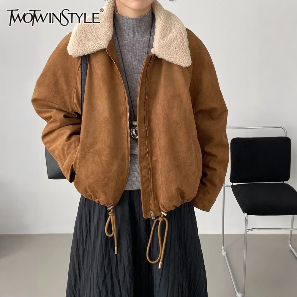 

TWOTWINSTYLE однотонная куртка на шнурке, женская свободная уличная одежда с лацканами и длинными рукавами в стиле ретро, женские куртки, осенняя мода, новинка