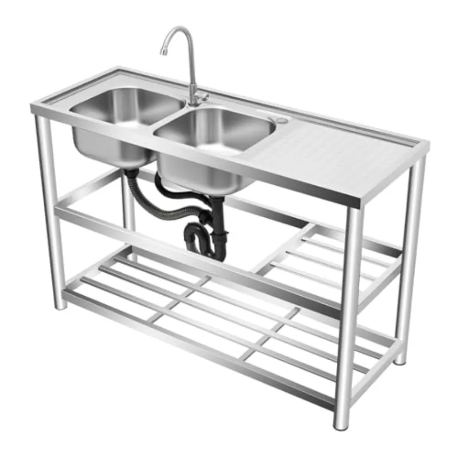 

Commercial Utility Sink, Stainless Steel Double Bowl Restaurant Kitchen Sink Set, Free Standing Kitchen Utility Flume with Fauc