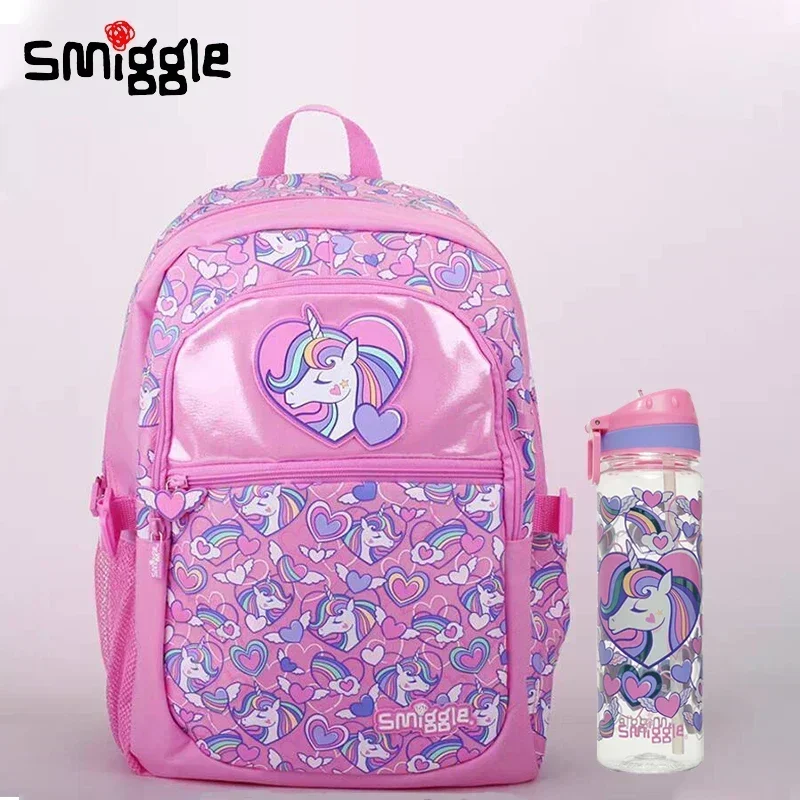 

Оригинальная австралийская школьная сумка Smiggle с розовым любовным единорогом, Студенческая мультяшная вместительная Повседневная сумка с бутылкой для воды, подарок для студента