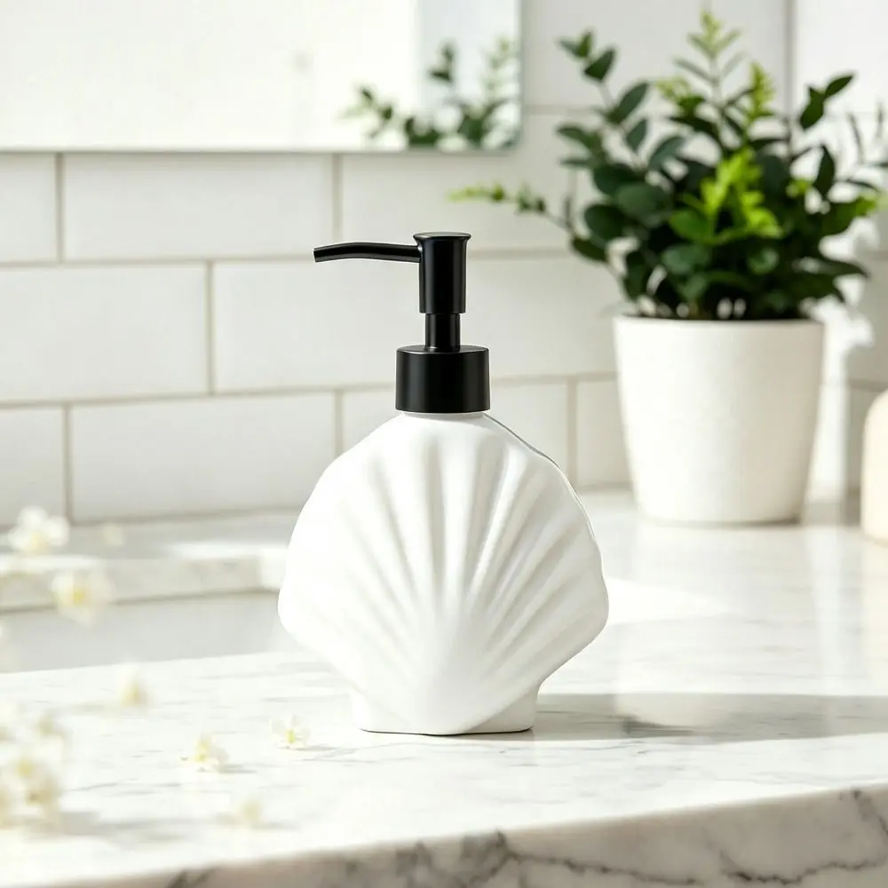 Moderner 360ml Muschelförmiger Seifenspender aus Glas, Drucktyp, Flüssigseifenbehälter, leer, auslaufsicher, Handdesinfektionsmittelhalter für Restaurants – Detail 10