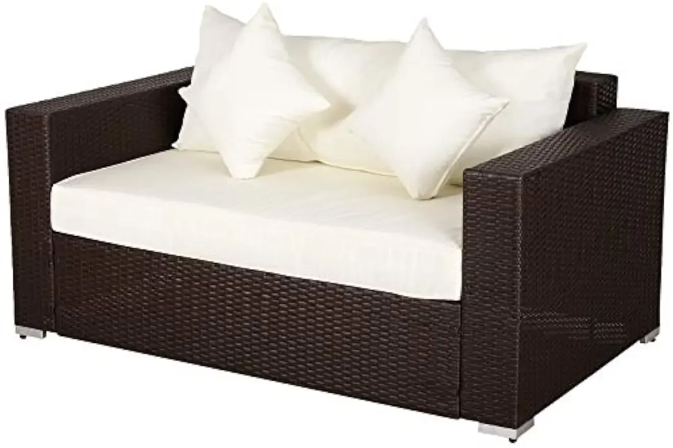 

Patio Outdoor Sofa, PE Rattan Wicker Loveseat, Outdoor Couch with 2 Throw Pillows & Comfortable Cushions, Cream White