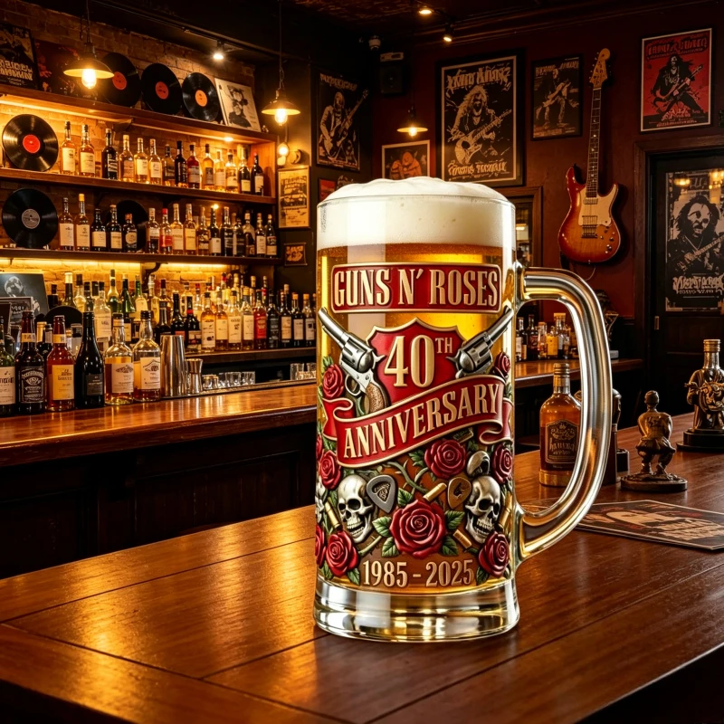 Guns N' Roses 40th Anniversary Commemorative Beer Glass Mug, Heavy Duty Glass Stein for Home Bar, Rock Fan Gift