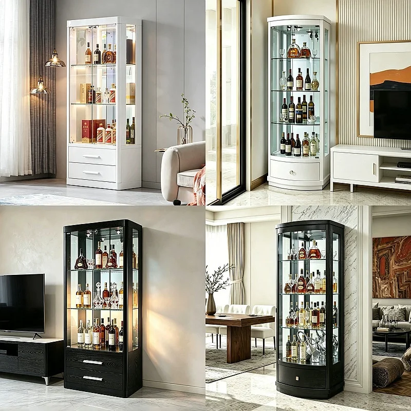 Modern Wine Cabinet for Living Room Lockable Tempered Glass Double Door Display Sideboard Multifunctional Storage