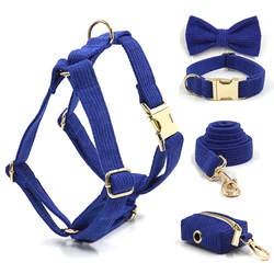 Royal Blue Corduroy Dog Harness and Leash Set Luxury Designer Personalized Bow Pet Collar Poop Bag Adjustable Puppy Walking Set