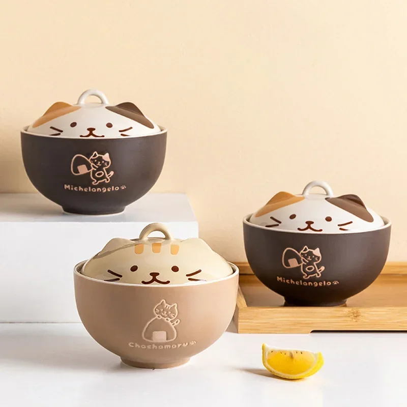 5.5 Inch Cute Cat Ceramic Covered Bowl Japanese Tableware Large Capacity Instant Noodle Bowl Kitchen Student Office Dinnerware