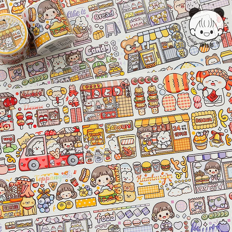 4.5cm*5m Cute Girl Street Shop Decorative Adhesive Tape Food Masking Washi Tape Scrapbooking Cartoon Sticker Label Stationery