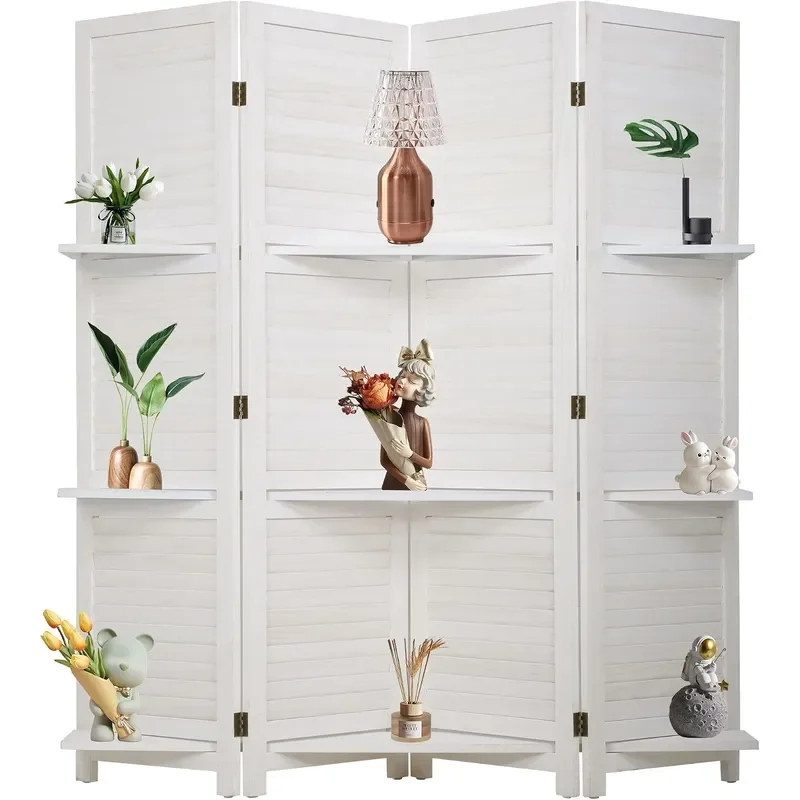 Room Divider 4 Panel Folding Wood 5.6 Ft Tall Privacy Screen Dividers Wall with Three Shelves Portable Partition White