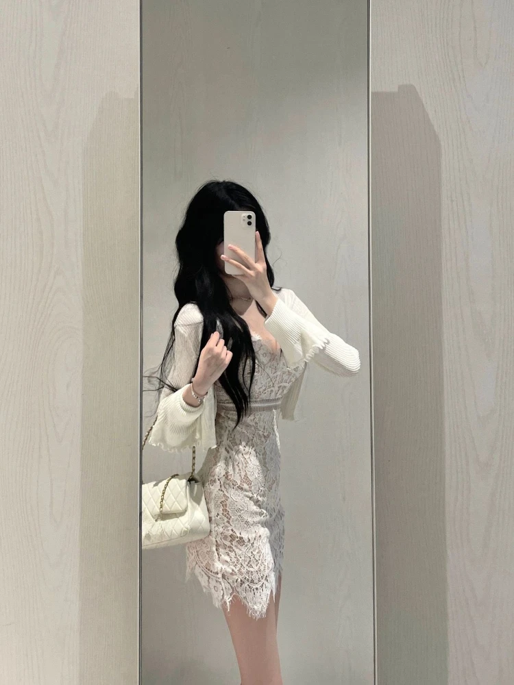 Elegant Lace Dress Suit Woman Short Party Sleeveless Mini Dress Korea Fashion Casua White Short Cardigan Office Lady 2023 Autumn