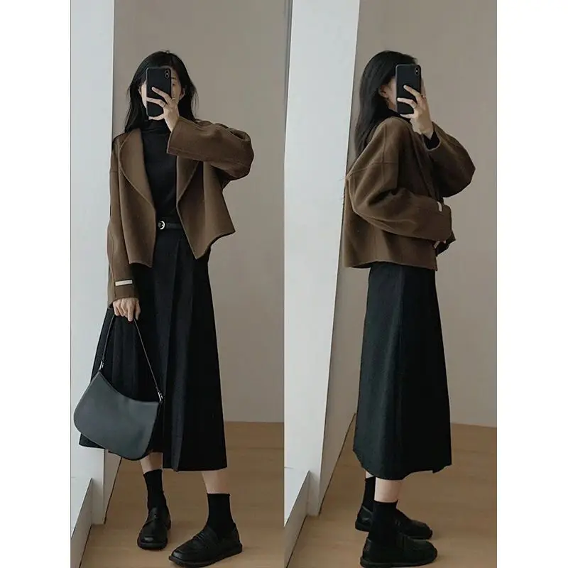 Women Loose Blazer Midi Skirt Suit Long Sleeve Cardigan Jacket High Waist A-line Skirt Autumn New Set