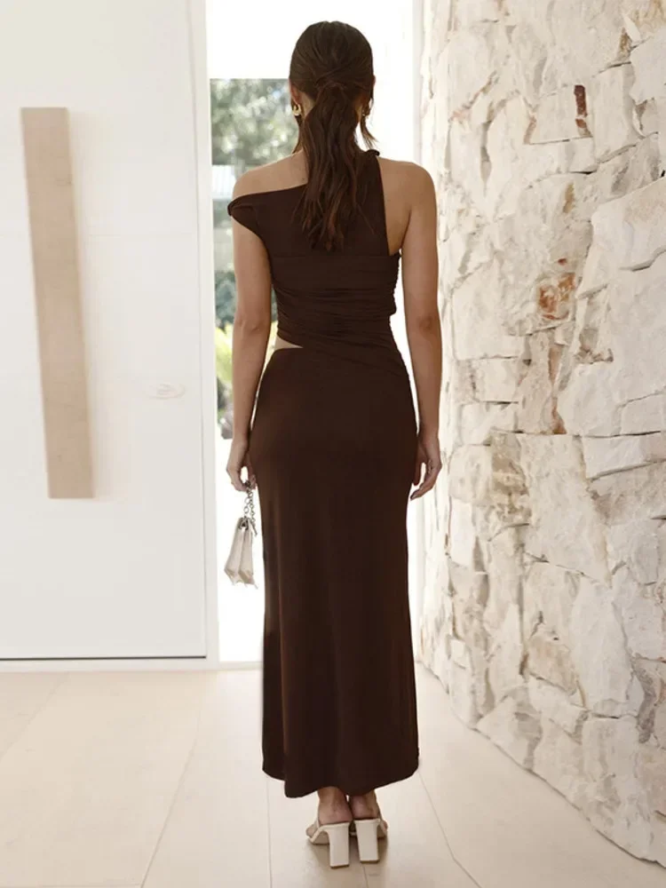 Chaxiaoa Diagonale Kraag Backless Sexy Maxi Jurk Vrouwen Jurk Zomer Nieuwe Mouwloze Sheer Mesh Hol Elegante Lange Jurk