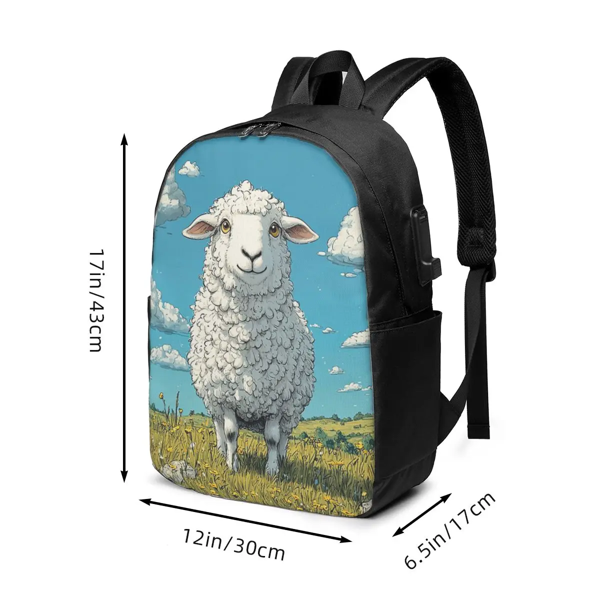 Cute Cartoon Sheep Sketches Curling Hair Backpack Travel Notebook Bag Computer College Student School Bag Laptop Shoulder Bags