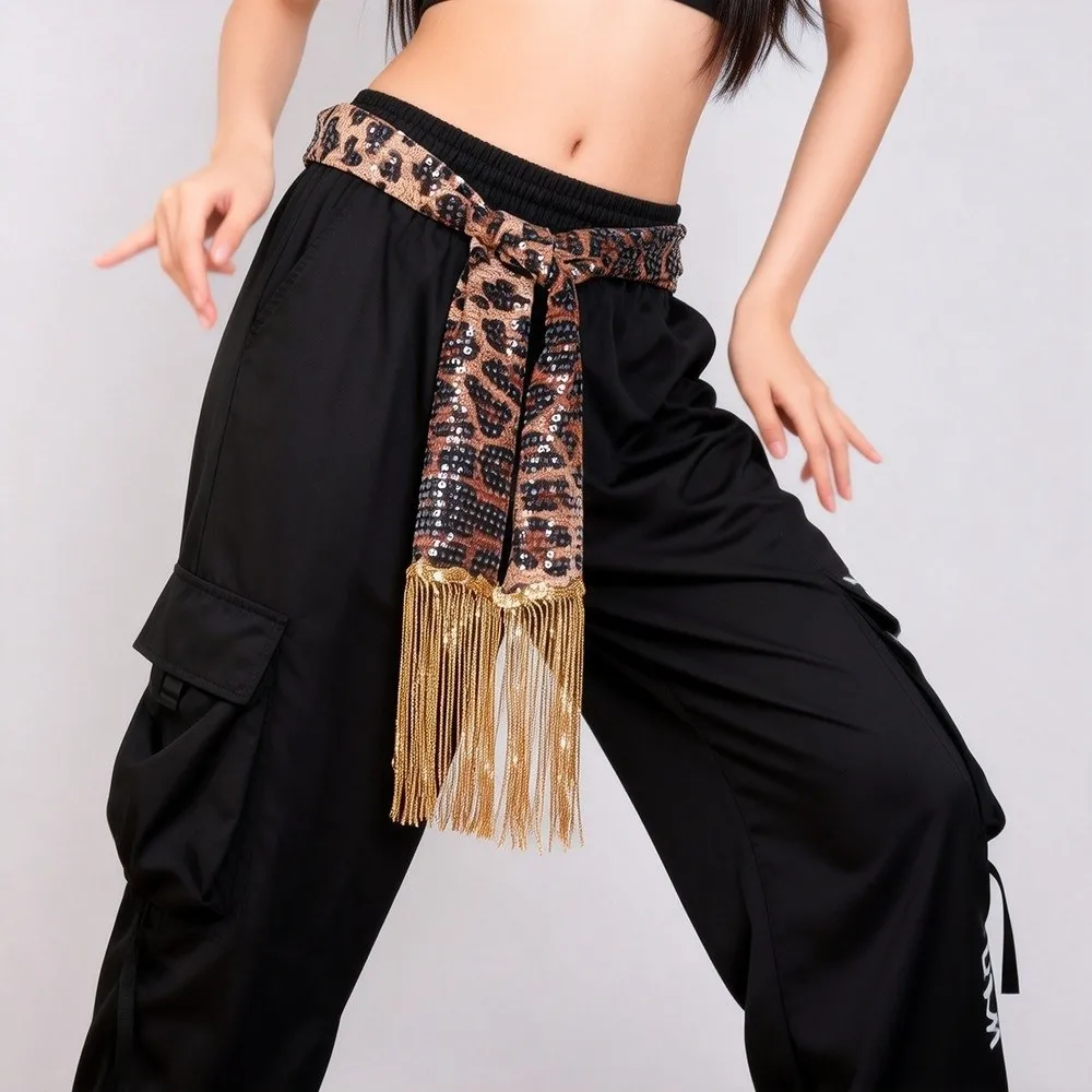 Cool Hip-hop Leopard Print Sequin Scarf Streetwear Harajuku Street Dance Belt Y2K Hip Panel Jeans Decor