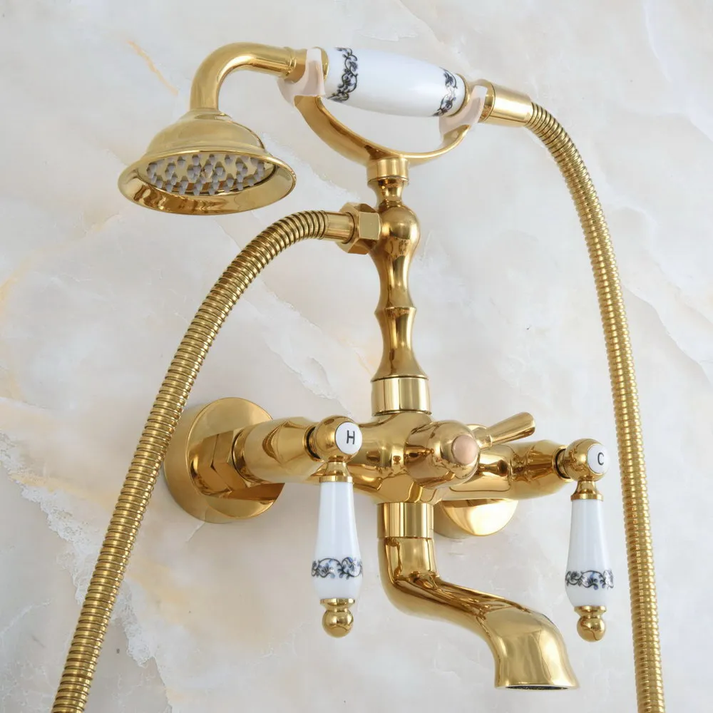 Modern Luxury Golden Brass Wall Mount Bathroom Bathtub Faucet Set with 1500MM Hose Handheld Shower Spray Head Mixer Tap Dna858