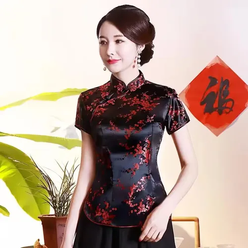 Camisa Vintage de satén con flores para mujer, blusa tradicional china, ropa Tang Sexy de estilo chino con botones, Qipao para mujer