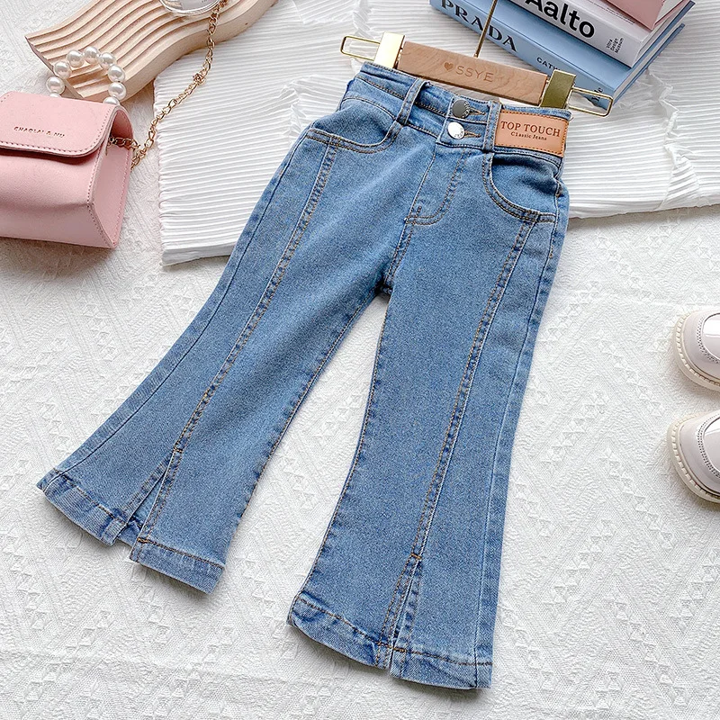 Fashion Kids Girl Flare Jeans Elastic Waist Slim Split Denim Pants Spring Autumn Girls Casual Blue Jean Trousers