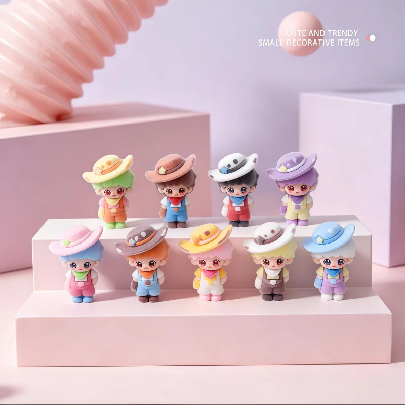 Cute Flocked Cowboy Doll Blind Box Figures 9 Styles Mini Cartoon Character Figurines Kawaii Desk Ornaments Collectible Toys