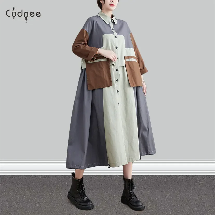 Earthen Oversized Contrast Patches And Double Front Pockets Dress Plus Size Grey Oversized Patchwork Cotton Shirt Dress Spring