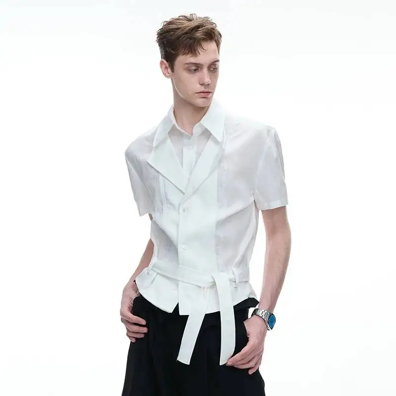 LUZHEN 2026 Summer Solid Color Belt Decorate Short Sleeve Shirts Men's Luxury Elegant Handsome Fake Two Piece Design Tops JY7479