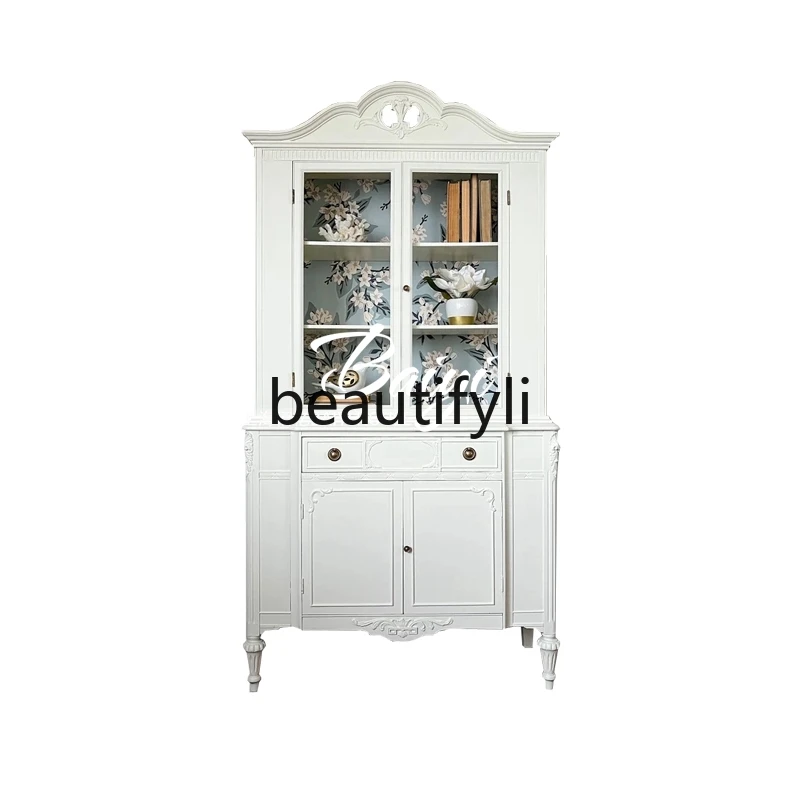 

French solid wood wine cabinet cream white carving, living room against the wall European style, dining side, locker
