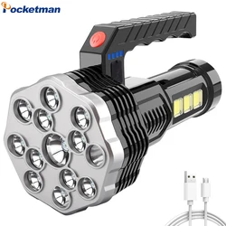 Linterna LED de alta potencia, potente linterna recargable por USB, lámpara portátil de mano para exteriores, batería integrada, COB, 13 linternas LED