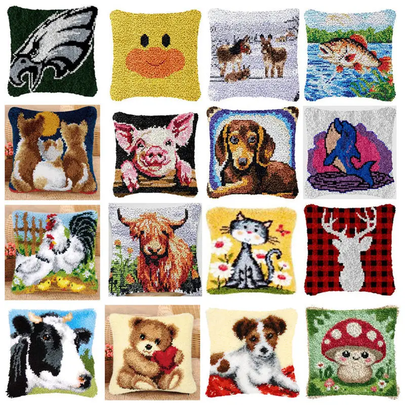 

Cartoon Animal Series Cute Latch Hook Kit Mats Cushion Pillow DIY Crafts Needlework Button Package Cushion Embroidery Latch Hook