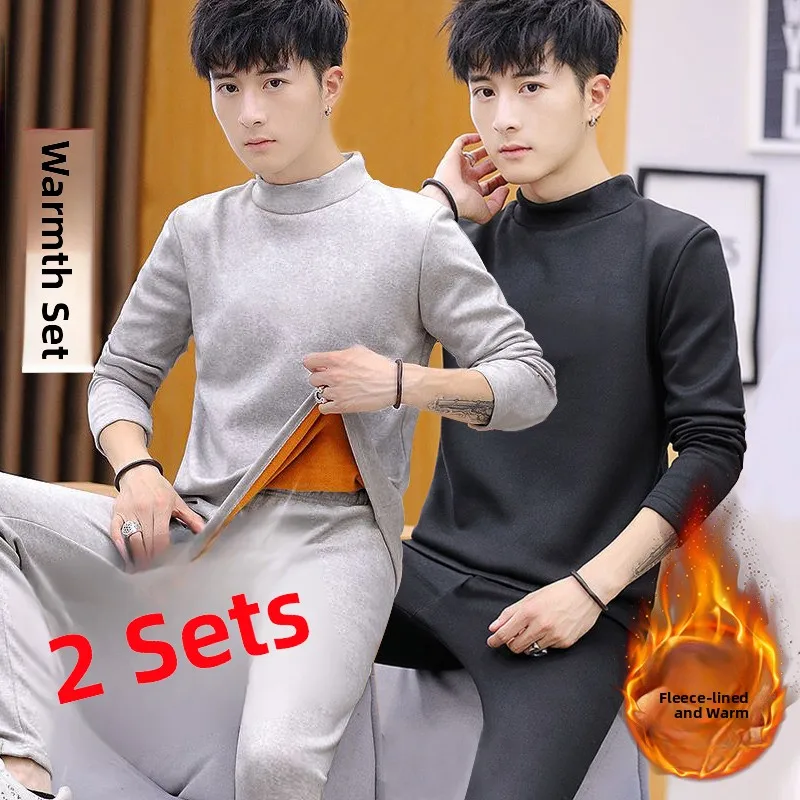 

Thiened Fce Warmth Underwear Set Men's f High Collar Spwear Anti-Cold Youth Autumn Clothes Pants Long Sve
