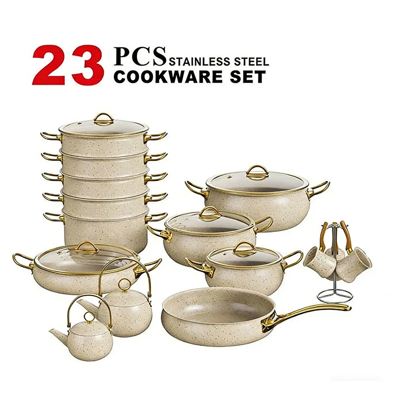 Stainless steel 23-piece set pot African stainless steel soup pot frying pan steamer kettle coffee cup set
