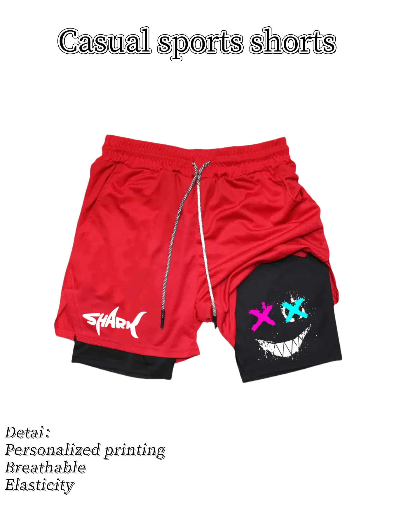 2026 Summer Men's Fashion Casual Double Layer Running Training Shorts with Shark Happy Pattern Printed Sports Gym Shorts view 5