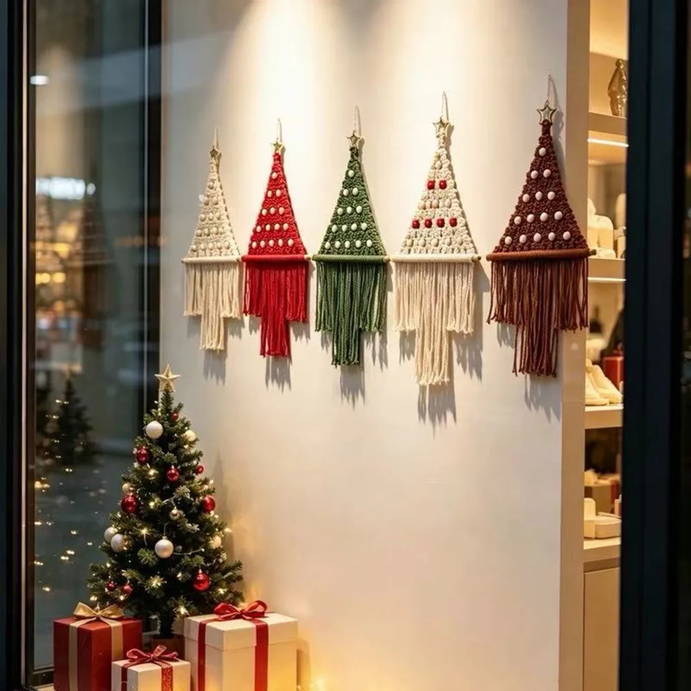 Handmade Macrame Christmas Tree Tapestry, Bohemian Wall Hanging Ornament with Star Topper for Xmas Decoration