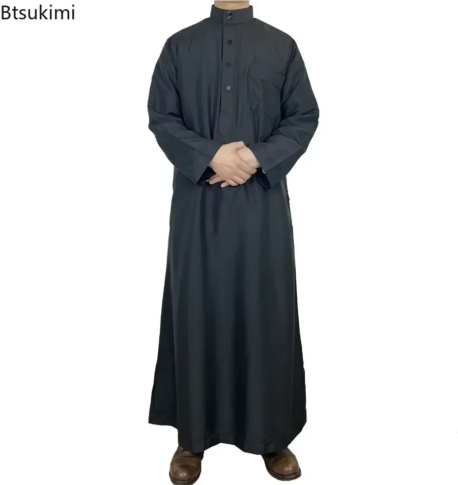 Robe caftan musulmane pour hommes, manches longues, col montant, conception de poche, Pakistan, arabe, haute qualité, nouveau, 2025