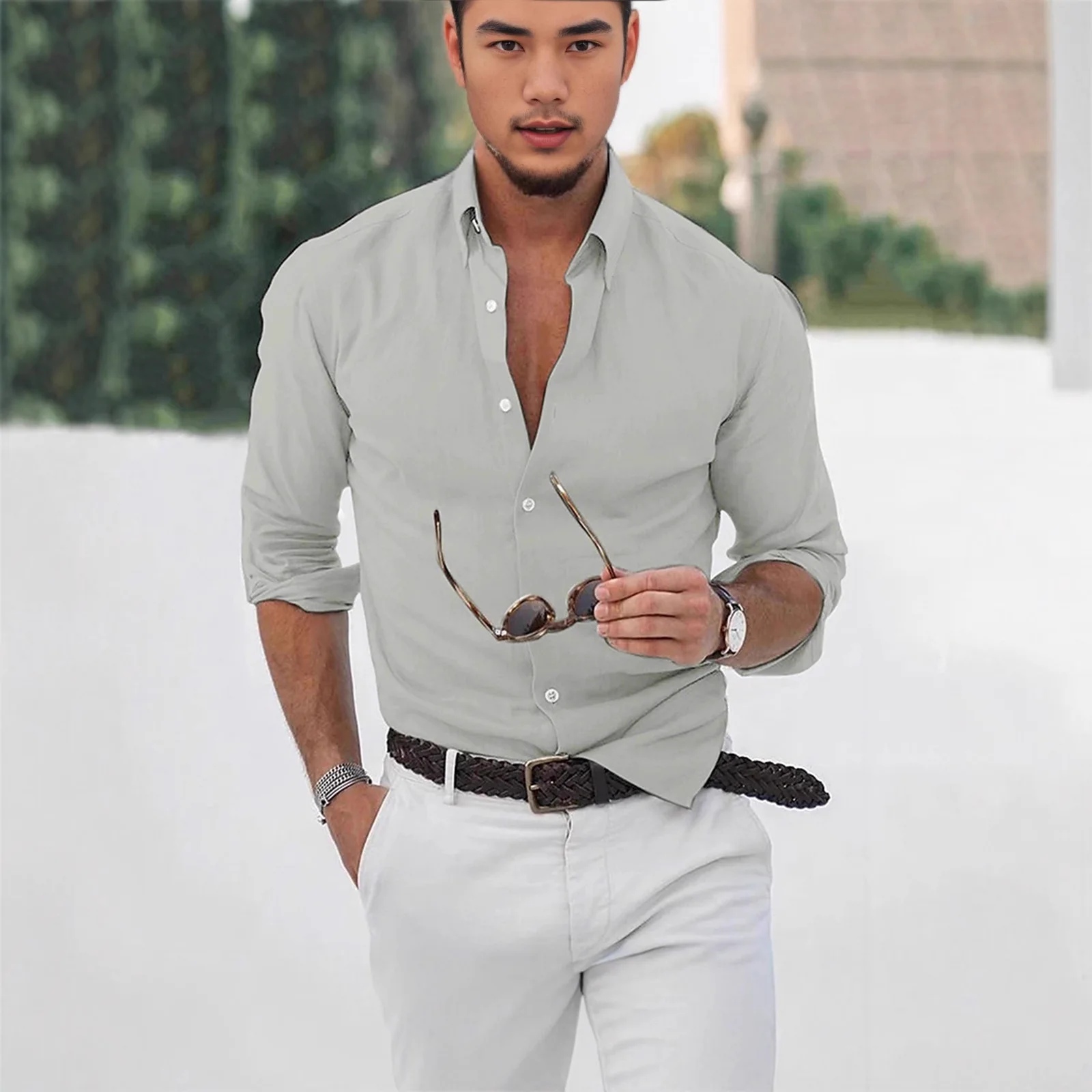 Elegant Men's Cotton Linen Long Sleeve Fashion Casual Shirt Lapel Loose Soft Comfortable Breathable Solid Color Cardigan