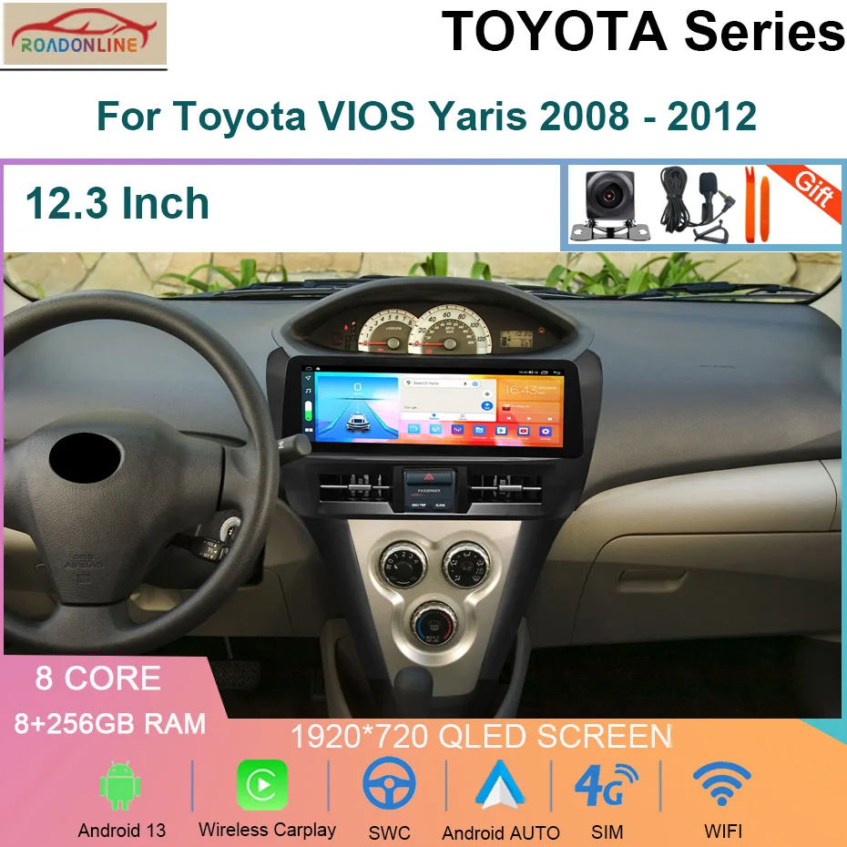 

Android 13 Car Radio 12.3 INCH For Toyota VIOS Yaris 2008 - 2012 GPS Carplay Multimedia Player Navigation Stereo Auto Audio