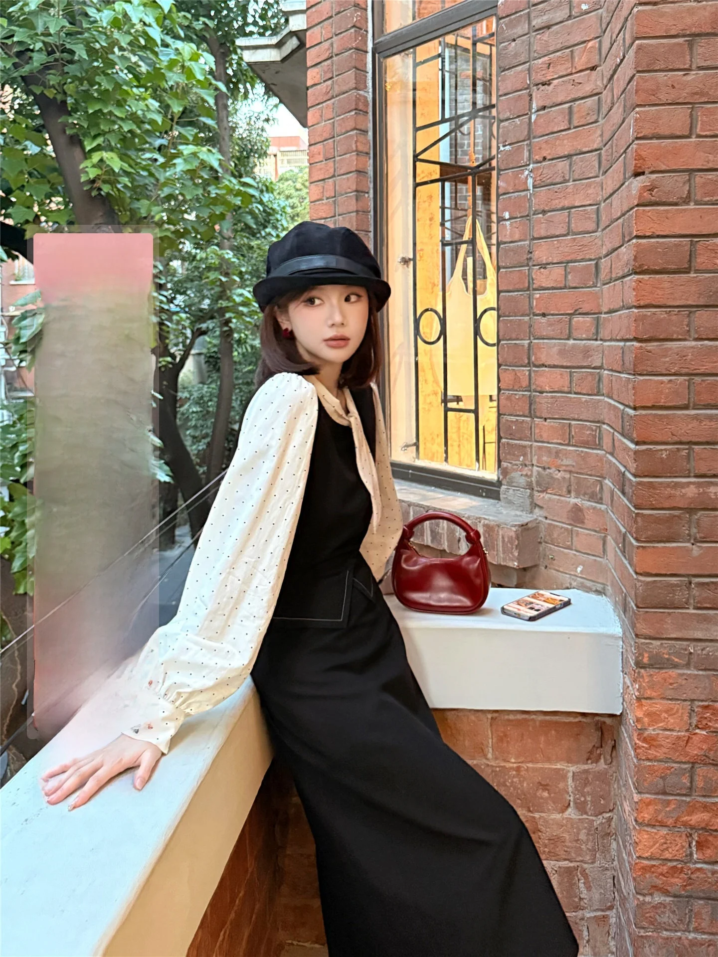 

Faionable Cheese Sle Women's Autumn Outfit High Waist f Skirt Set Ele Personali Splicing Fake Two-Piece Top Bot