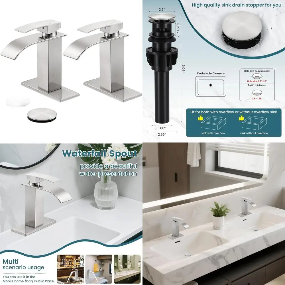 

Modern Single Handle Brushed Nickel Waterfall Faucet for Bathroom Sink, 2 Pack with Pop-up Drain & Supply Hoses