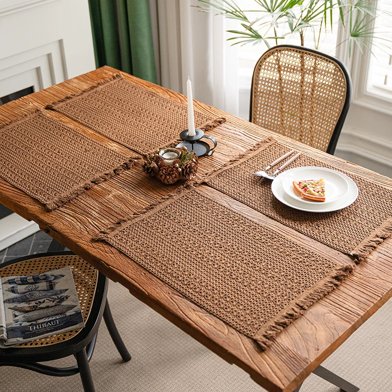 

2024 Vintage brown woven tassel cotton linen table flag tablecloth tea art placemat table mat