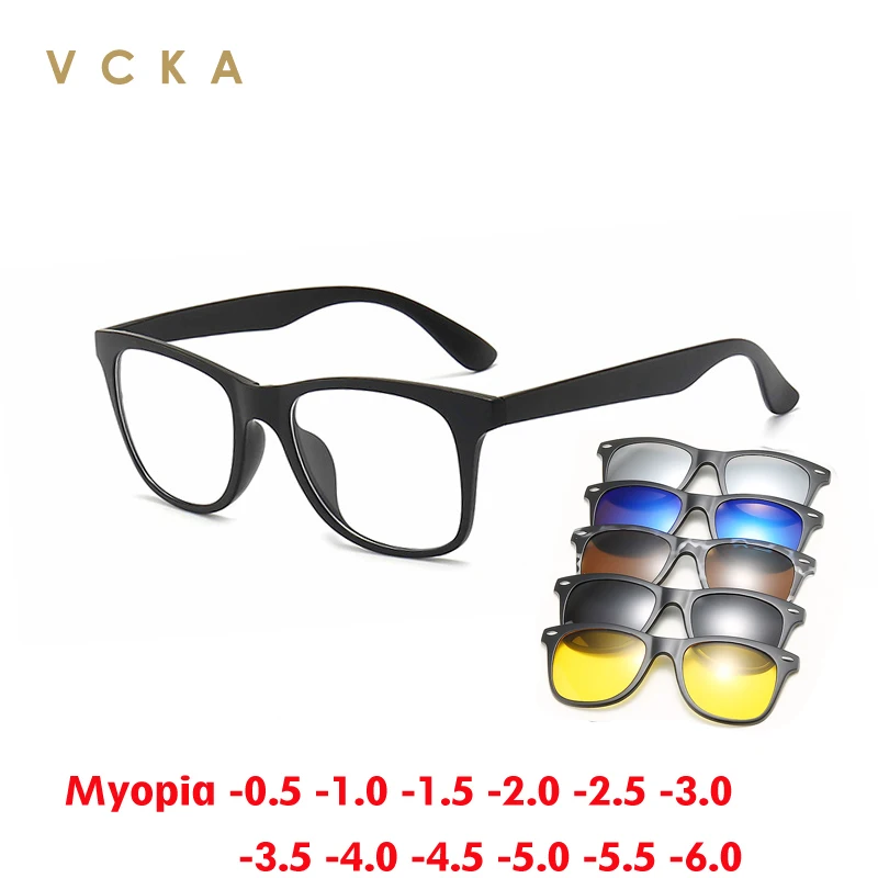 

VCKA 6 in1 Myopia Sunglasses Set Mirror Men's Women's Magnetic Clip Polarized Glasses Frame Prescription Driving -0.5to -10