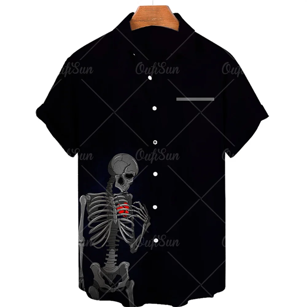 Men Hawaiian Shirt, Tattoo Style Skull Snake Rose Half‑Panel Print Short Sleeve Lapel Button Down Casual Beach Aloha Shirt