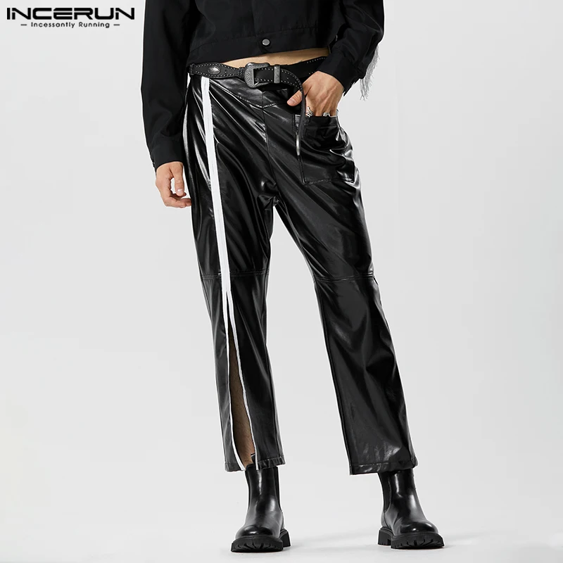 

INCERUN 2024 American Style New Mens Pants Fashion V-shaped Waistband Split Leather Trousers Casual Hot Selling Pantalons S-5XL