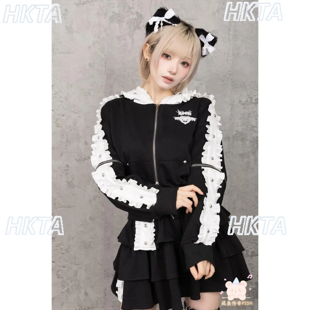 Subculture Y2k Dark Harajuku Hooded Sweatshirt Jacket Women's Autumn New Color Matching Ruffle Hoodie Pleated Skirt 2-piece Set
