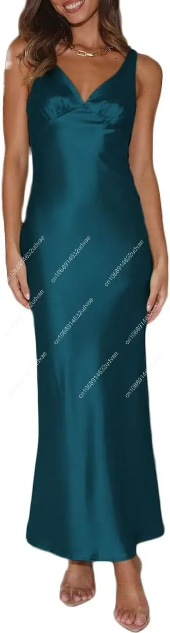 

Womens Elegant Satin V Neck Backless Sleeveless Maxi Dress Silk Tie Low Back Formal Cocktail Dresses Wedding Guest