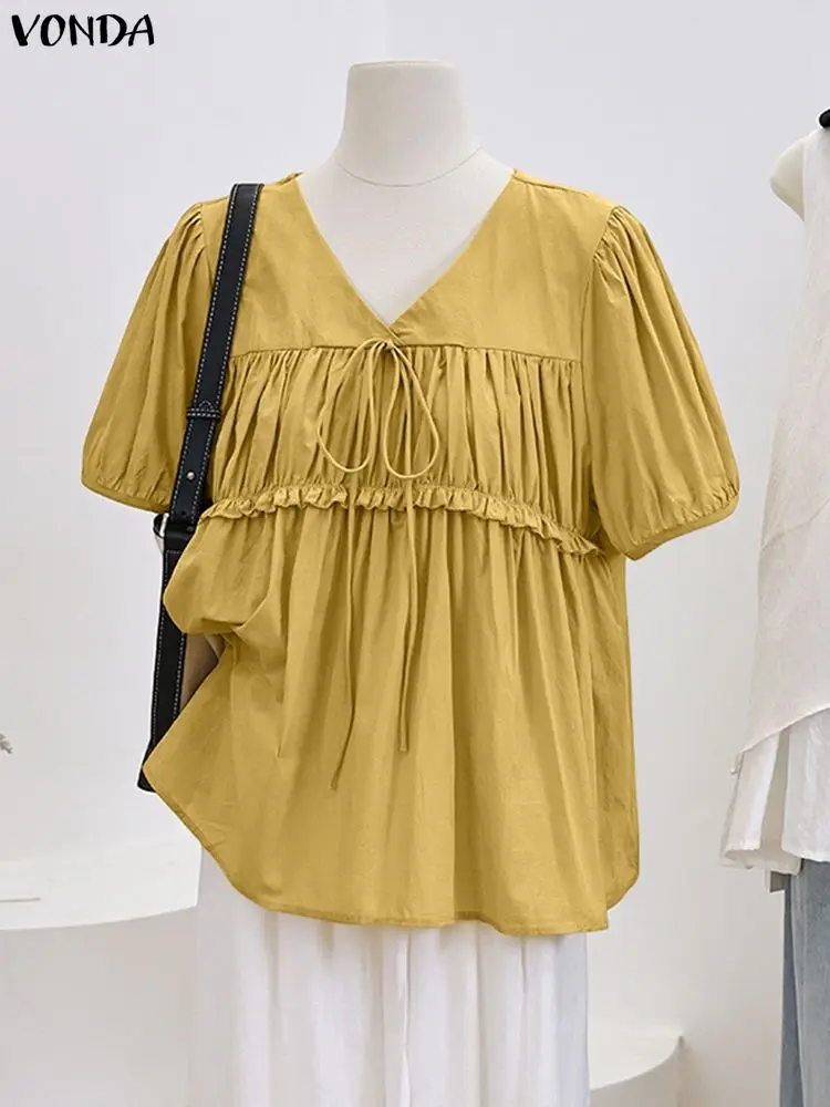 VONDA Fashion Tops Women Summer Short Puff Sleeve Blouse 2025 Stylish Pleated Ruffled Shirts V-Neck Bandage Casual Solid Blusas
