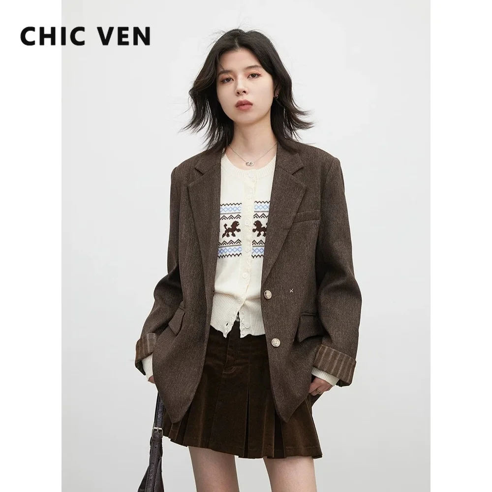 CHIC VEN Fashion Women Blazers Single-breasted Loose Casual New Retro Office Ladies Folding Cuffs Suit Jacket Spring Autumn 2026
