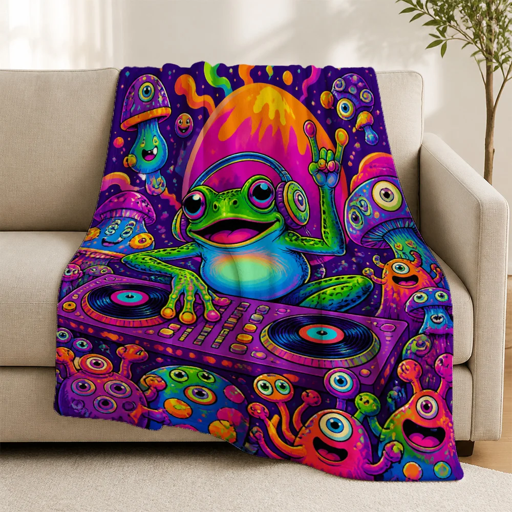 Vibrant Psychedelic Boho Throw Blanket Frog Mushroom Vinyl Turntable Music Art Couch Decor Hippie Aesthetic Cozy Home Accent