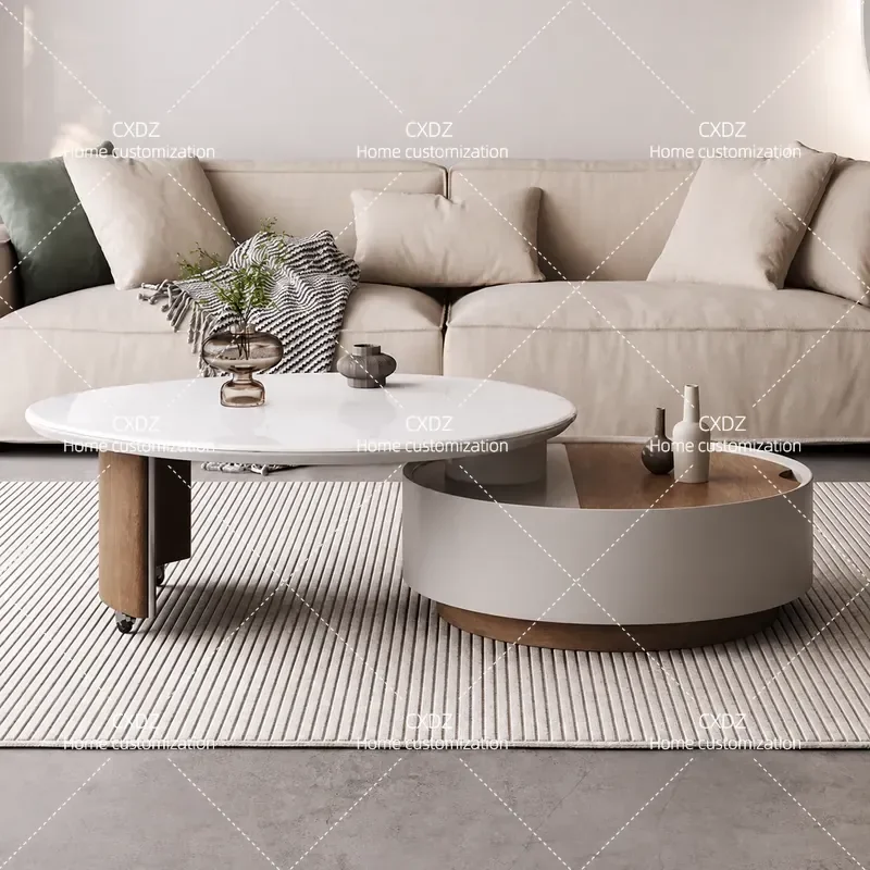 Modern Simple Round Coffee Table Rotatable Sintered Stone Top High End Light Luxury Small Apartment Living Room Furniture