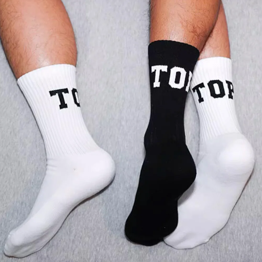 Men's White and Black TOP/BTM Sports Socks Tall Long Fitness Casual Towel Bottom Cotton Socks