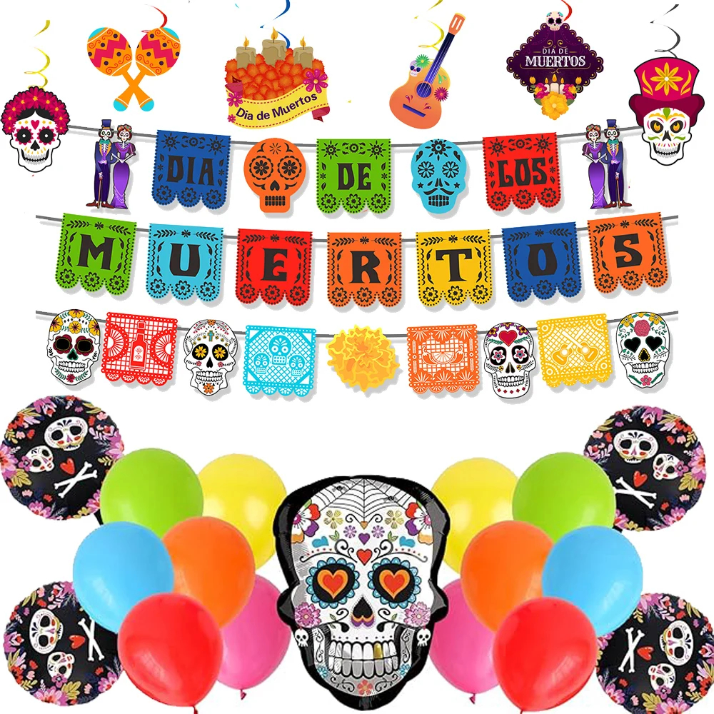Decoración del Día de Muertos, Pancarta Decorativa, Globos de Calaveras de Azúcar para Fiesta Mexicana, Fiesta del Día de los Muertos, Decoración de Altar
