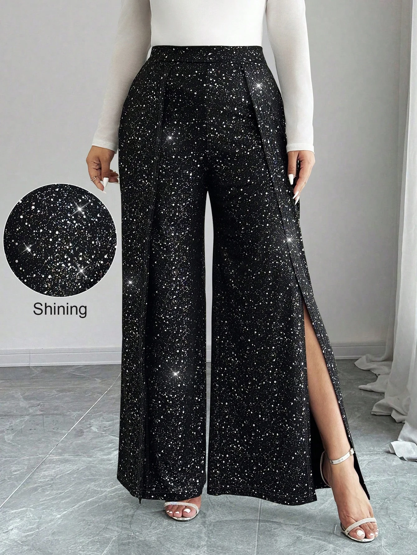Plus-Size Damen Weite Hose mit Hoher Taille, Pailletten-Seitenschlitz, Glitzerhose, Gerade Hose, Party Club – Detail 4
