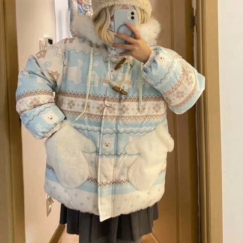 الحلو لوليتا أعلى لطيف الكرتون طباعة الفراء طوق آذان الدب مقنعين سترة فضفاضة تنوعا معطف الحراري الخريف الشتاء النساء #3
