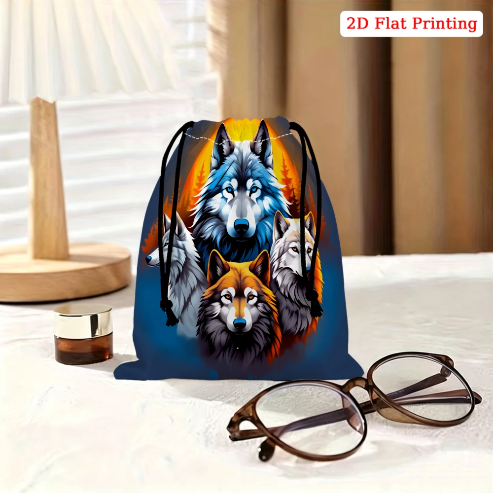 1Pc Wolf Pattern Drawstring Bag Blue 2D Flat Printing Storage Small Pouch For Travel Gym Sports Accessories Organizer Unisex Lig