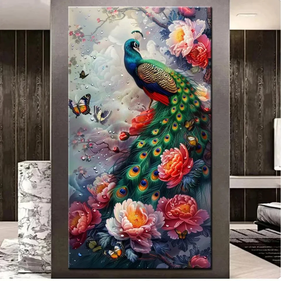 Pintura de diamante redondo cuadrado completo DIY, punto de peonía, flor verde, pavo real, animales, mosaico, bordado de diamantes, decoración de